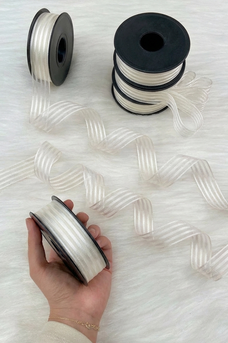 Krem Hilton Çizgili Şifon Kurdele 2,5 cm 20 mt, Gelin, Damat, Bohça, Nişan, Çeyiz, Hediye, Nikah