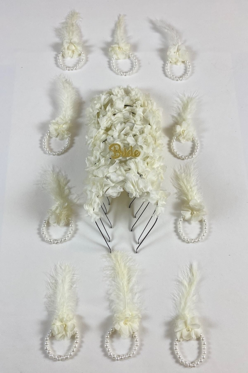 Krem Nedime Bilekliği 5 Adet, Nedime Tacı(METAL) 5 Adet, Bride To Be, Kına Gecesi, 11 Parça Set