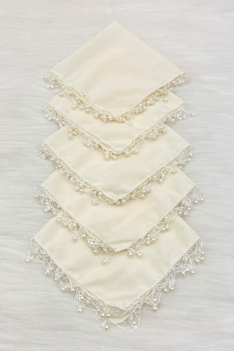 Krem Kristal Cam Boncuklu Gelin Damat Mendili, 5 Adet, Düğün Kına Sünnet Nişan Halay Nedime Hediye