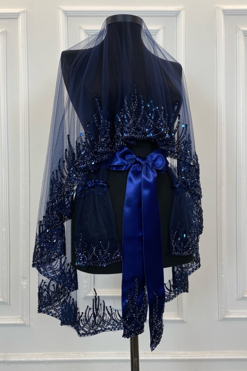 Lacivert Alev Desen Gelin Duvak Seti, Pullu Boncuklu Su Taşlı Kına Duvağı Seti 6 Parça