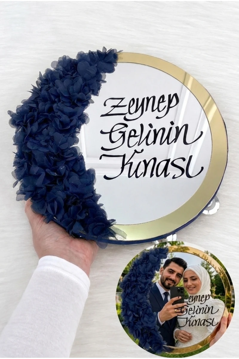 Lacivert Aynalı Gelin Tefi 30cm, Kaligrafi Yazılı Ve Lazer Çiçek Süslemeli, Düğün Nişan Sünnet Kına Nedime Nikah Söz Bride Parti Tefi