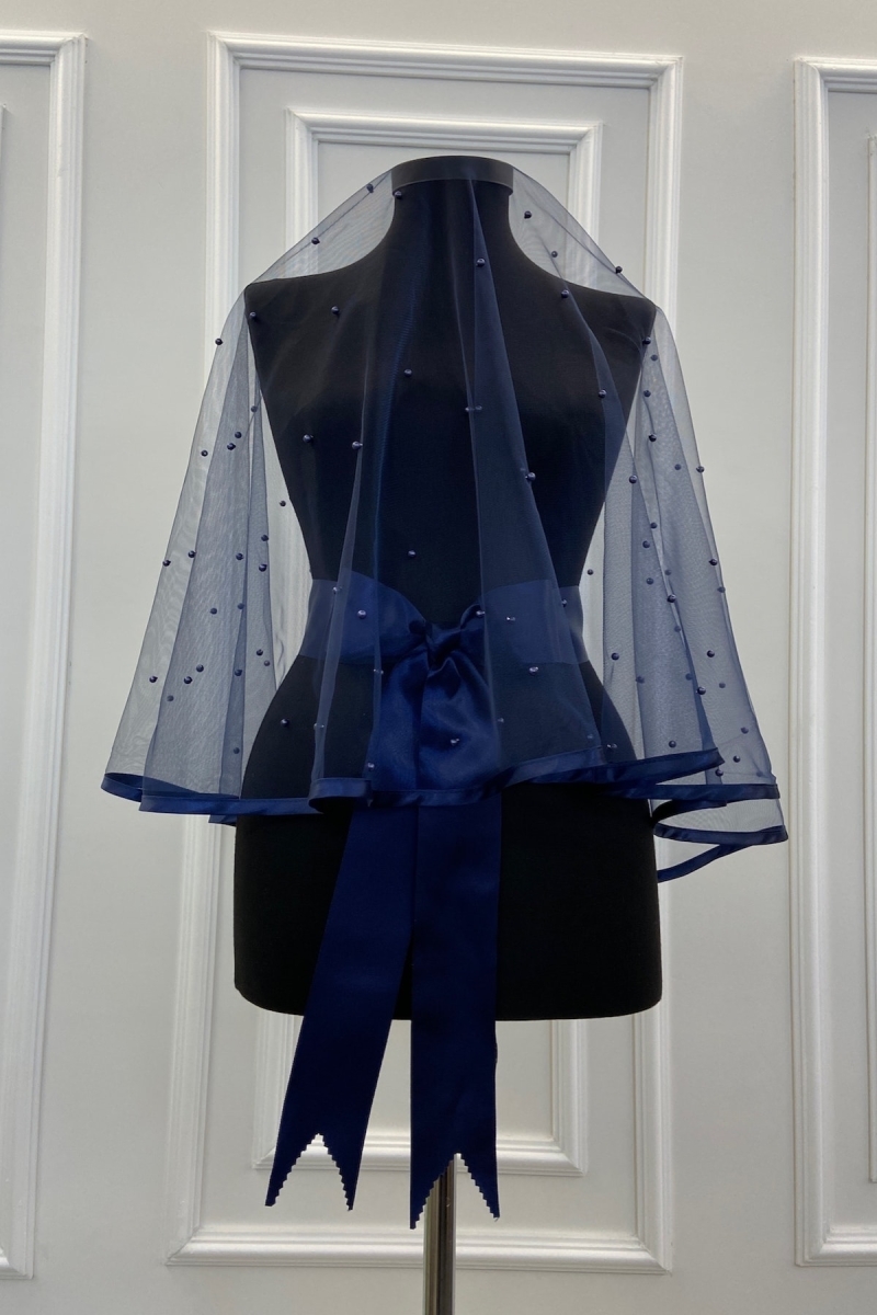 Lacivert Biyeli Bol Incili Gelin Duvak Seti