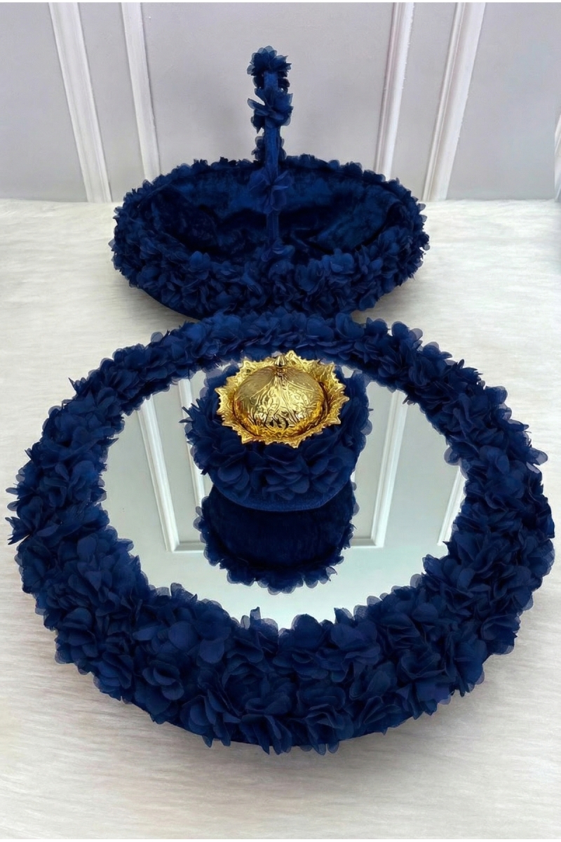 Lacivert Çiçekli Aynalı Kadife Kına Gecesi Tepsi Sepet Gelin Takımı, Nişan Nikah Düğün Söz Sünnet