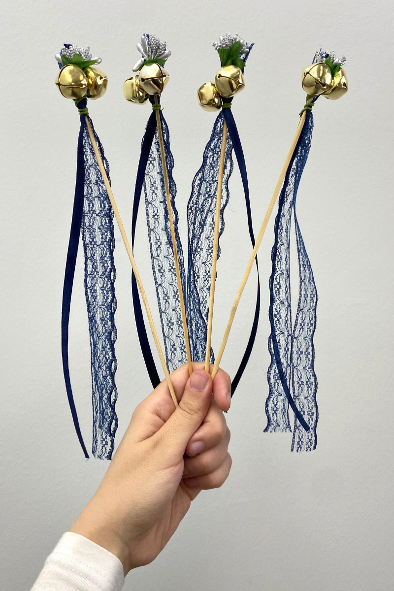 Lacivert Çubuk Nedime Zili, Gelin Tefi, Kına Tefi, Sünnet Zili Cipso Çiçek Kurdele Süslemeli 10 Adet