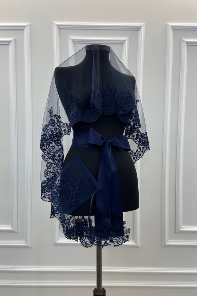 Lacivert Dantelli Gelin Duvak Eldiven Kuşak Komple Set