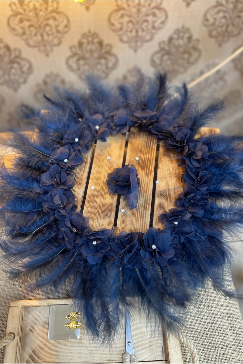 Lacivert Gelin Damat El Halay Mendili, Üç Boyutlu Çiçek Tüy Taş Süslemeli, Düğün Kına Sünnet Nişan