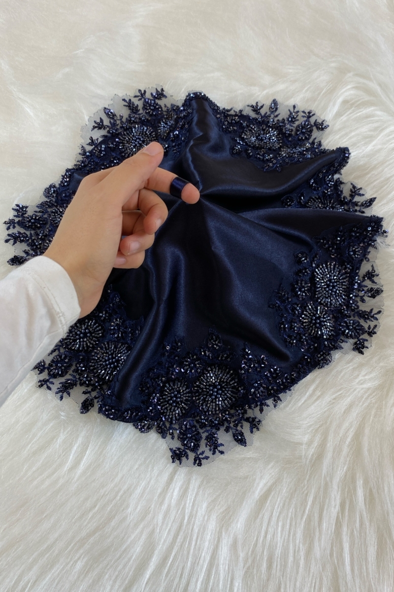 Lacivert Gelin Damat Halay El Mendili, Saten Vip Aplikli, Kına Gecesi Düğün Nedime Sünnet Söz Nişan