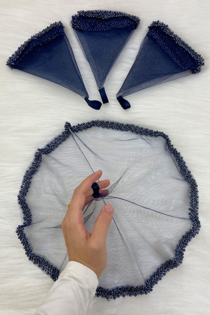 Lacivert Gelin Damat Halay Mendili, Cam Boncuk Ve İncili, Kına Gecesi Bride Düğün Nedime Söz Nişan