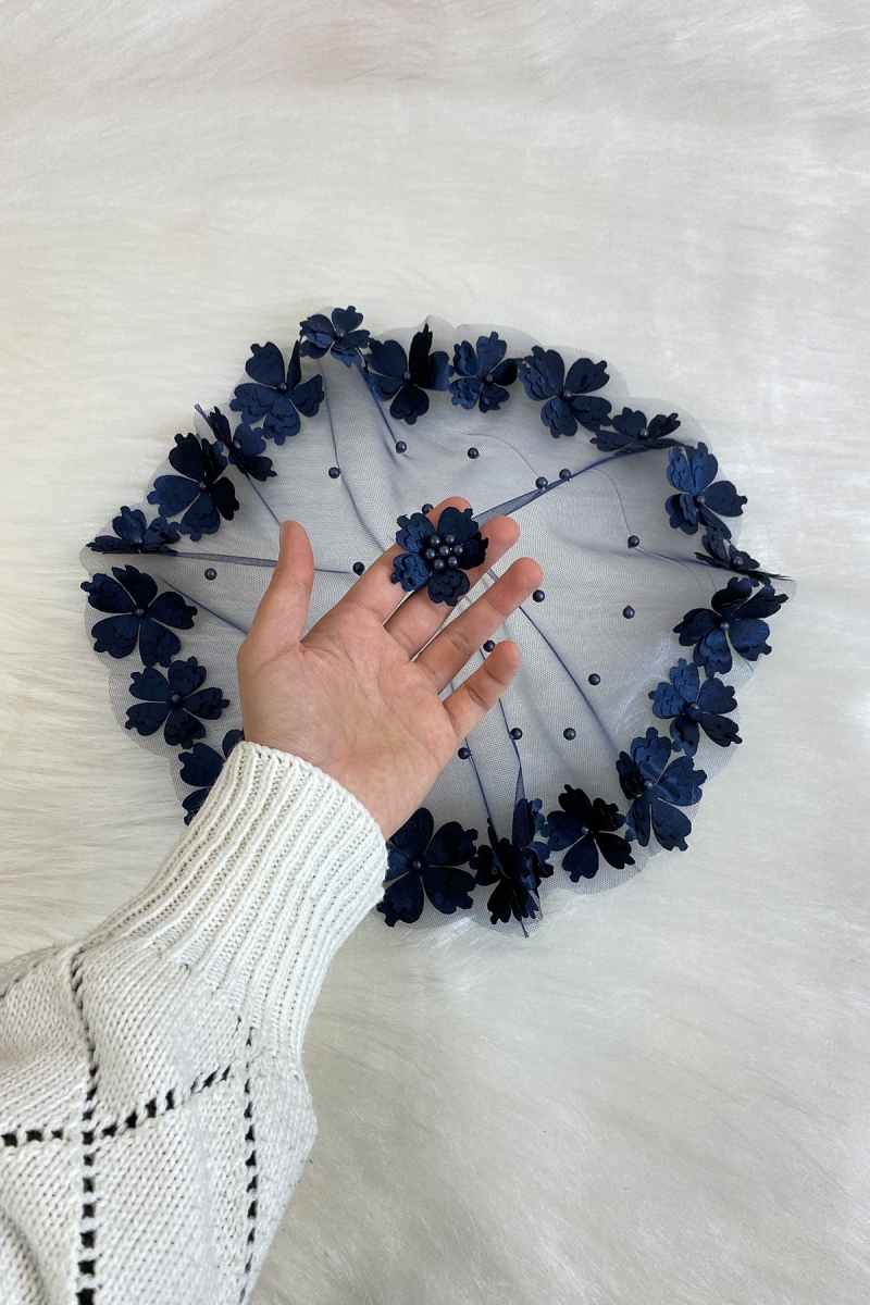 Lacivert Gelin Damat Halay Mendili, Yonca Çiçekli Ve Incili, Düğün Kına Söz Nişan Sünnet Bride