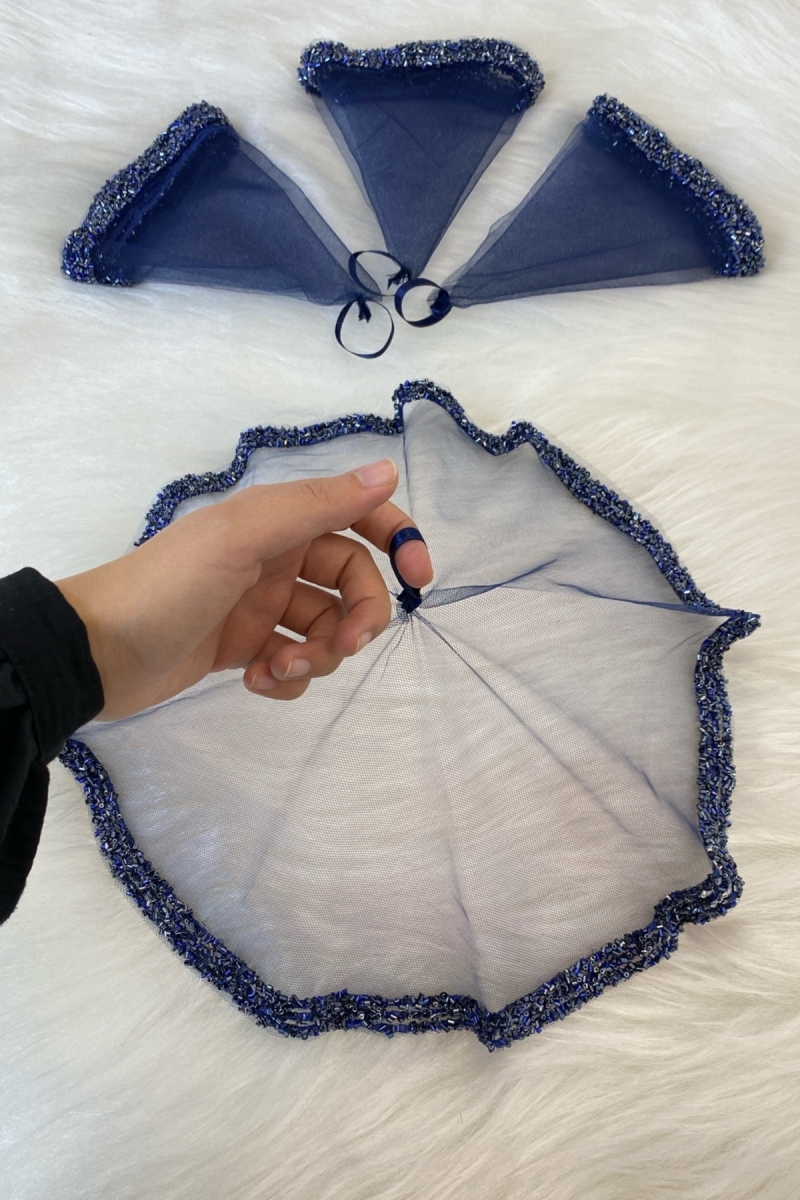 Lacivert Gelin Damat Mendili, Düğün Halay Nedime Kına Sünnet Mendili, Cam Boncuk ve Pul Baskılı