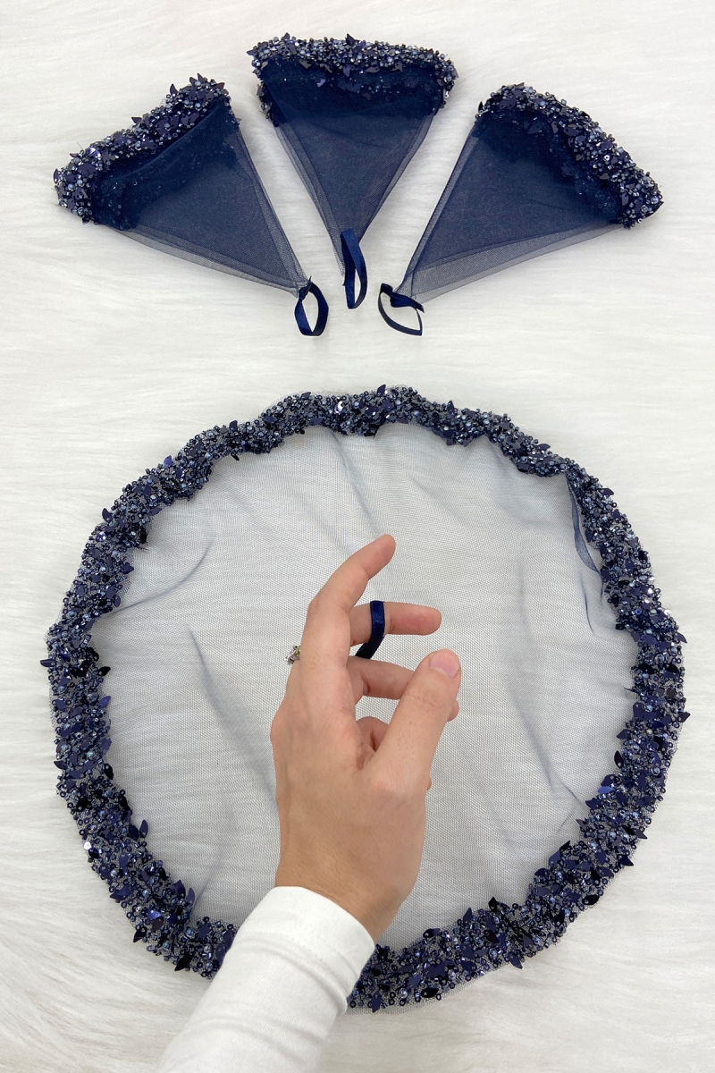 Lacivert Gelin Damat Mendili Halay El Mendili Pullu Boncuklu Yaprak Desenli Düğün Kına Sünnet Nişan