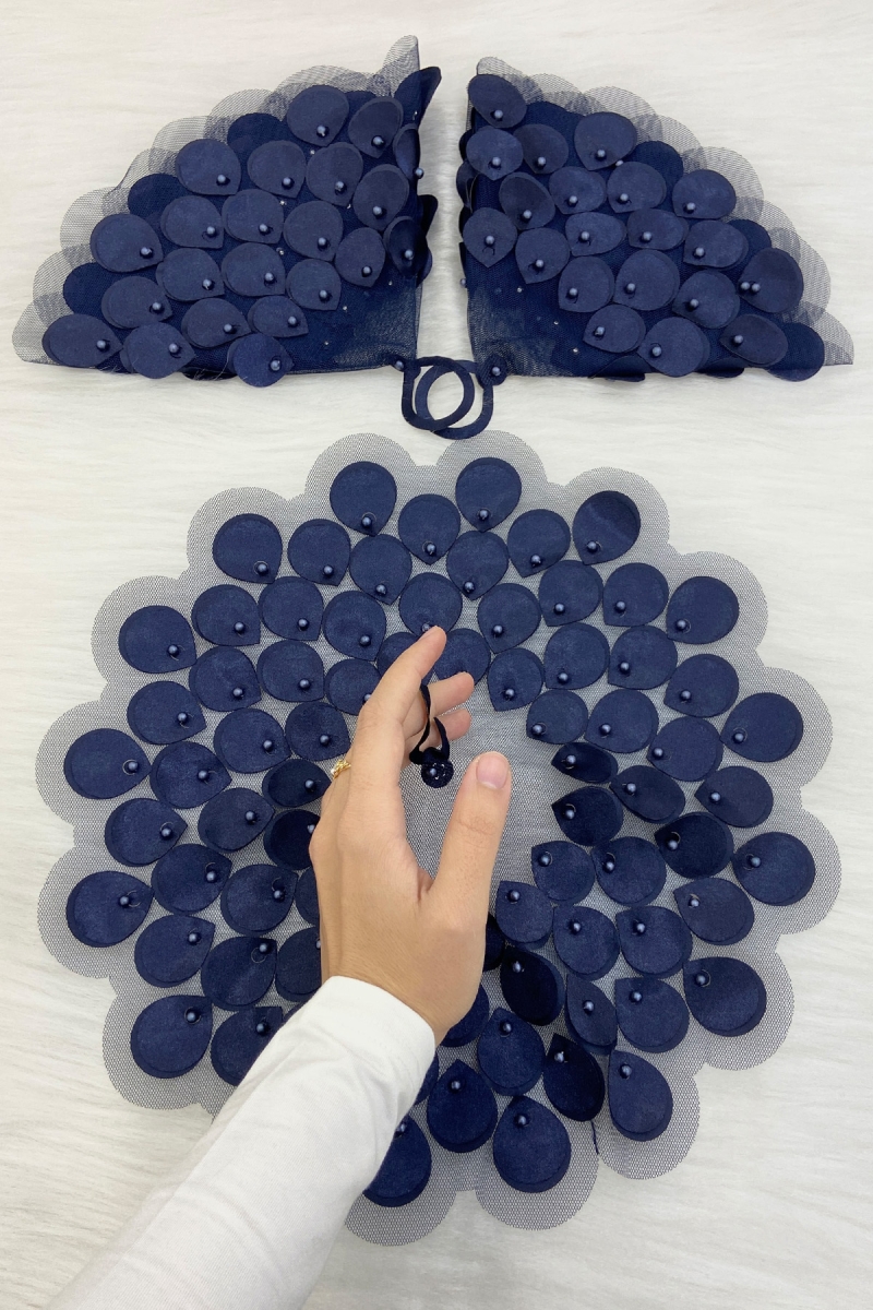 Lacivert Gelin Damat Mendili, İnci Detaylı Düğün Halay Nedime Söz Nişan Kına Sünnet Bride Mendil