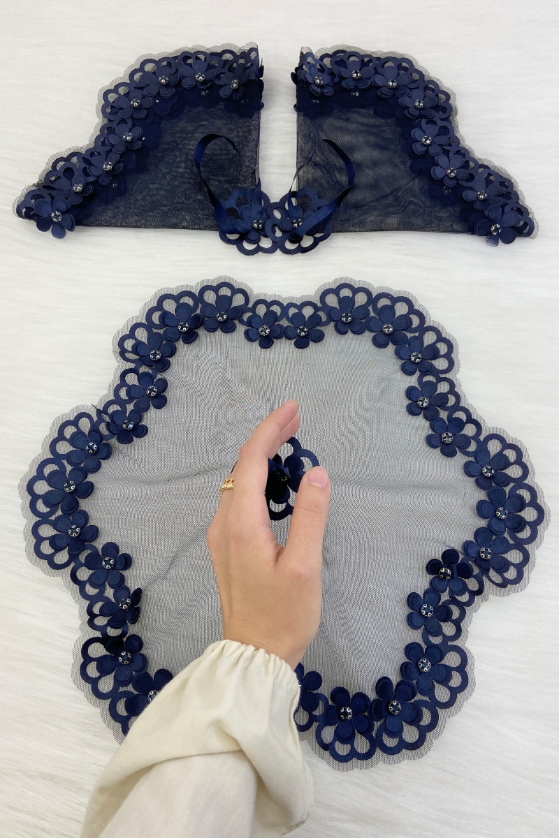 Lacivert Gelin Damat Mendili Parlak Taşlı Düğün Halay Nedime Söz Nişan Kına Sünnet Bride Mendil