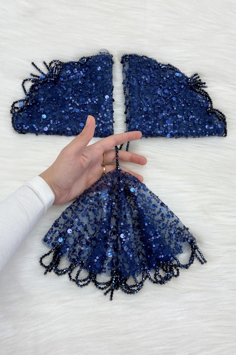 Lacivert Gelin Damat Mendili Pul Payet İnci Ve Kristal Taş Detaylı Düğün Kına Sünnet Söz Nişan Halay