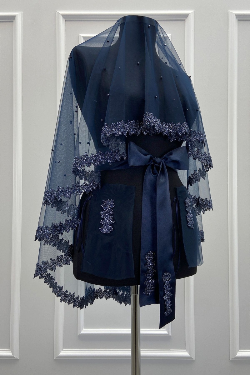 Lacivert Gelin Duvak Seti, Cam Boncuk Ve İncili, Kına Gecesi Duvağı Yüz Örtüsü Seti 6 Parça