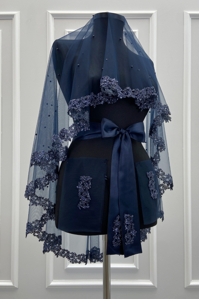 Lacivert Gelin Duvak Seti, Cam Boncuk Ve İncili, Kına Gecesi Duvağı Yüz Örtüsü Seti 6 Parça