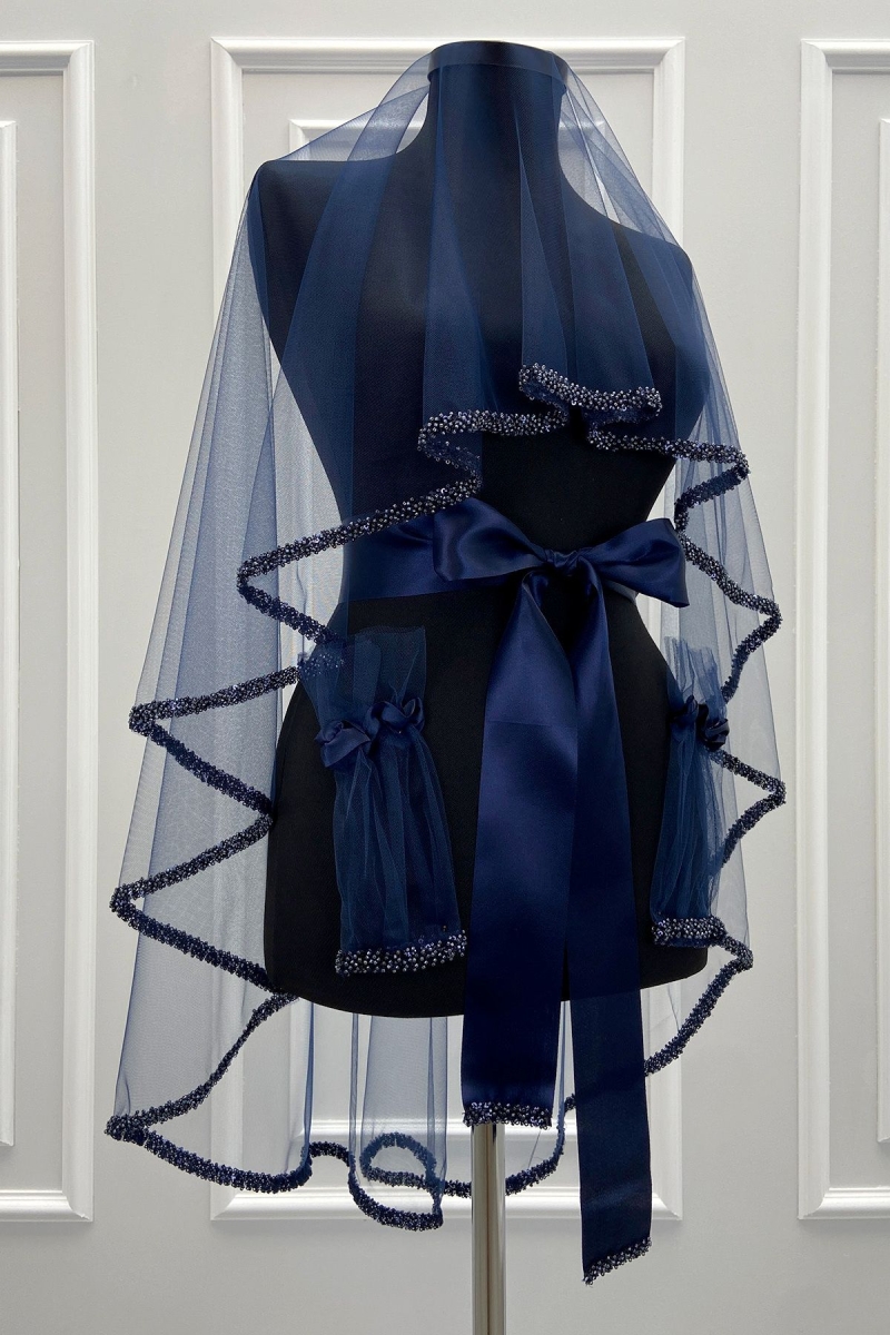 Lacivert Gelin Duvak Seti, Cam Boncuk Ve İncili, Kına Gecesi Duvağı Yüz Örtüsü Seti 6 Parça