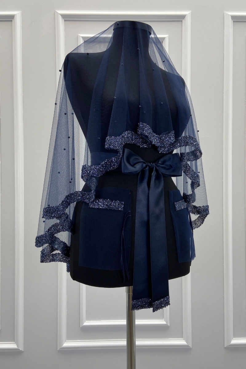 Lacivert Gelin Duvak Seti, Cam Boncuk Ve İncili, Kına Gecesi Duvağı Yüz Örtüsü Seti 6 Parça