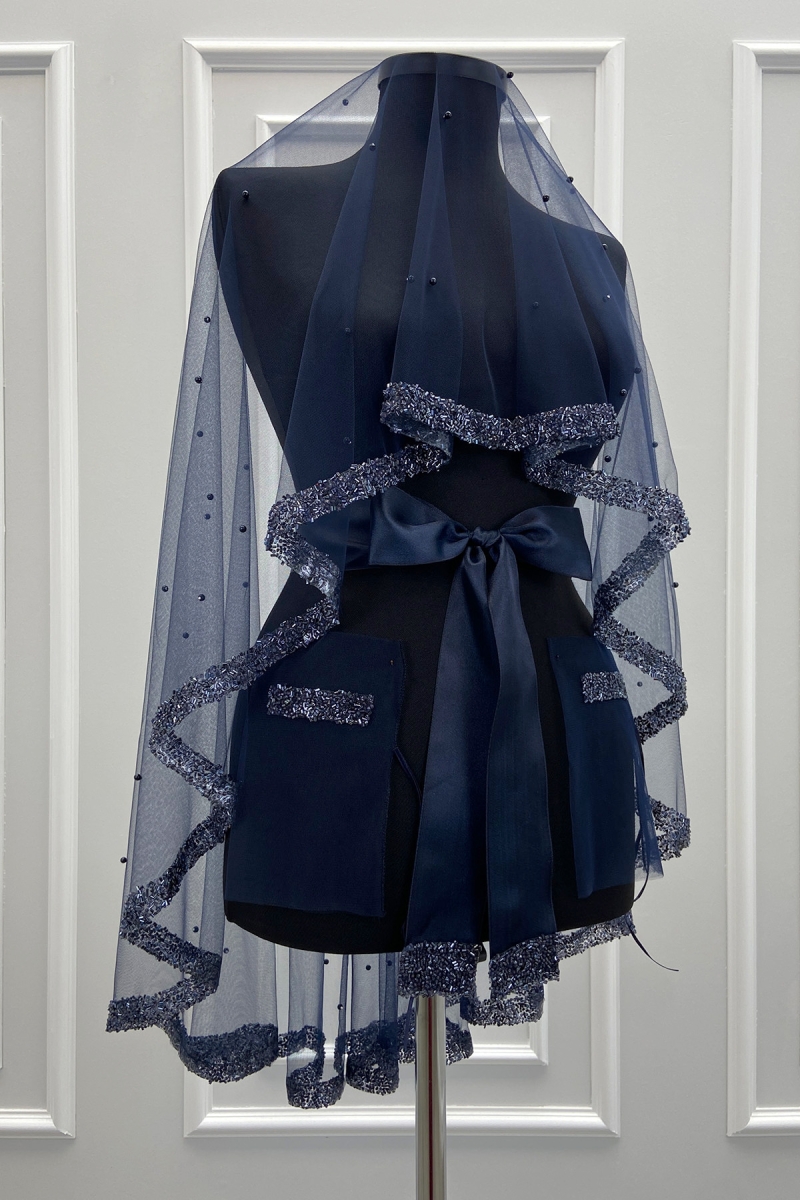 Lacivert Gelin Duvak Seti, Cam Boncuk Ve İncili, Kına Gecesi Duvağı Yüz Örtüsü Seti 6 Parça