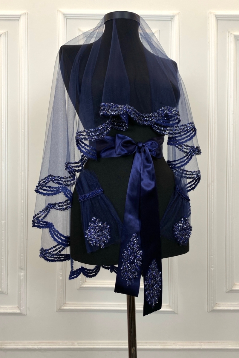 Lacivert Gelin Duvak Seti, Cam Boncuk Ve Pul Baskılı Kına Duvağı Seti 6 Parça