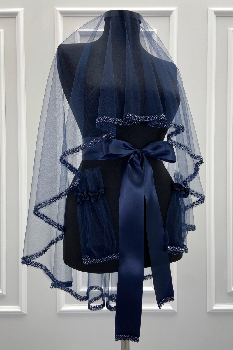 Lacivert Gelin Duvak Seti, Cam Boncuk ve İnci İşlemeli, Kına Gecesi Duvağı Seti 6 Parça