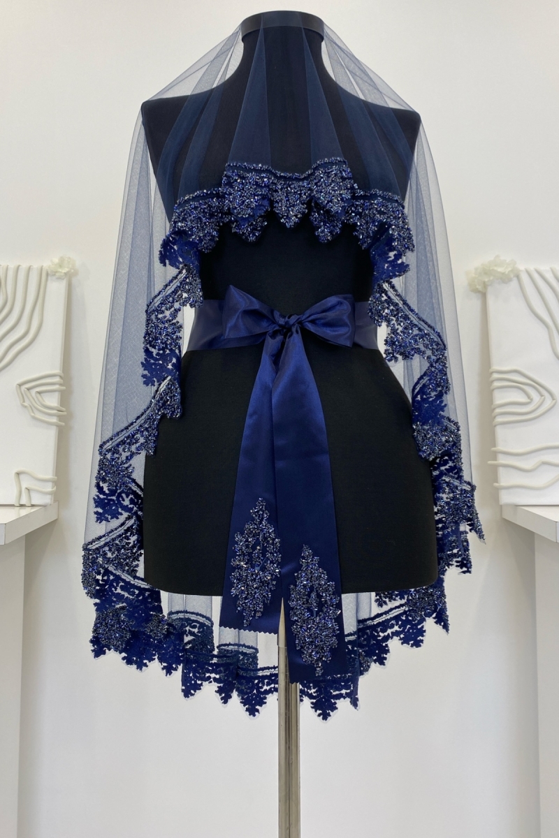 Lacivert Gelin Duvak Seti, Cam Boncuk ve Pul Baskılı Kına Duvağı Seti 6 Parça