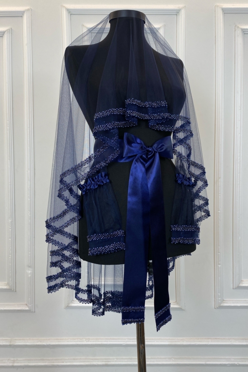 Lacivert Gelin Duvak Seti, Çift Sıra Cam Boncuk ve İnci İşlemeli, Kına Duvağı Seti 6 Parça