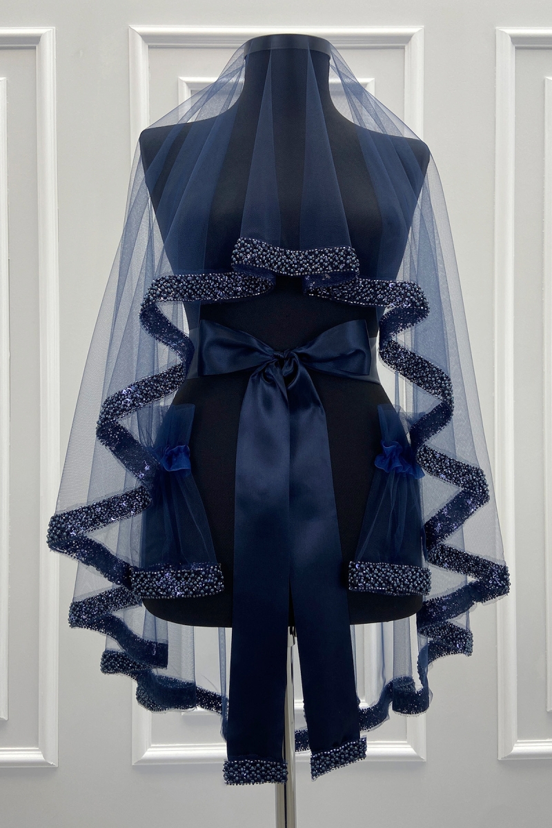 Lacivert Gelin Duvak Seti, İnci, Pul Ve Cam Boncuk İşlemeli, Kına Gecesi Duvağı Seti 6 Parça