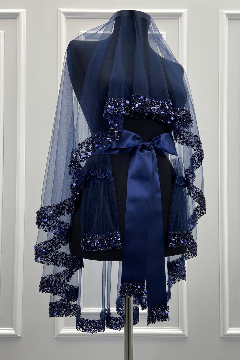 Lacivert Gelin Duvak Seti, Işıl Işıl Kristal Cam Boncuk, İnci ve Pul İşlemeli Kına Duvağı 6 Parça