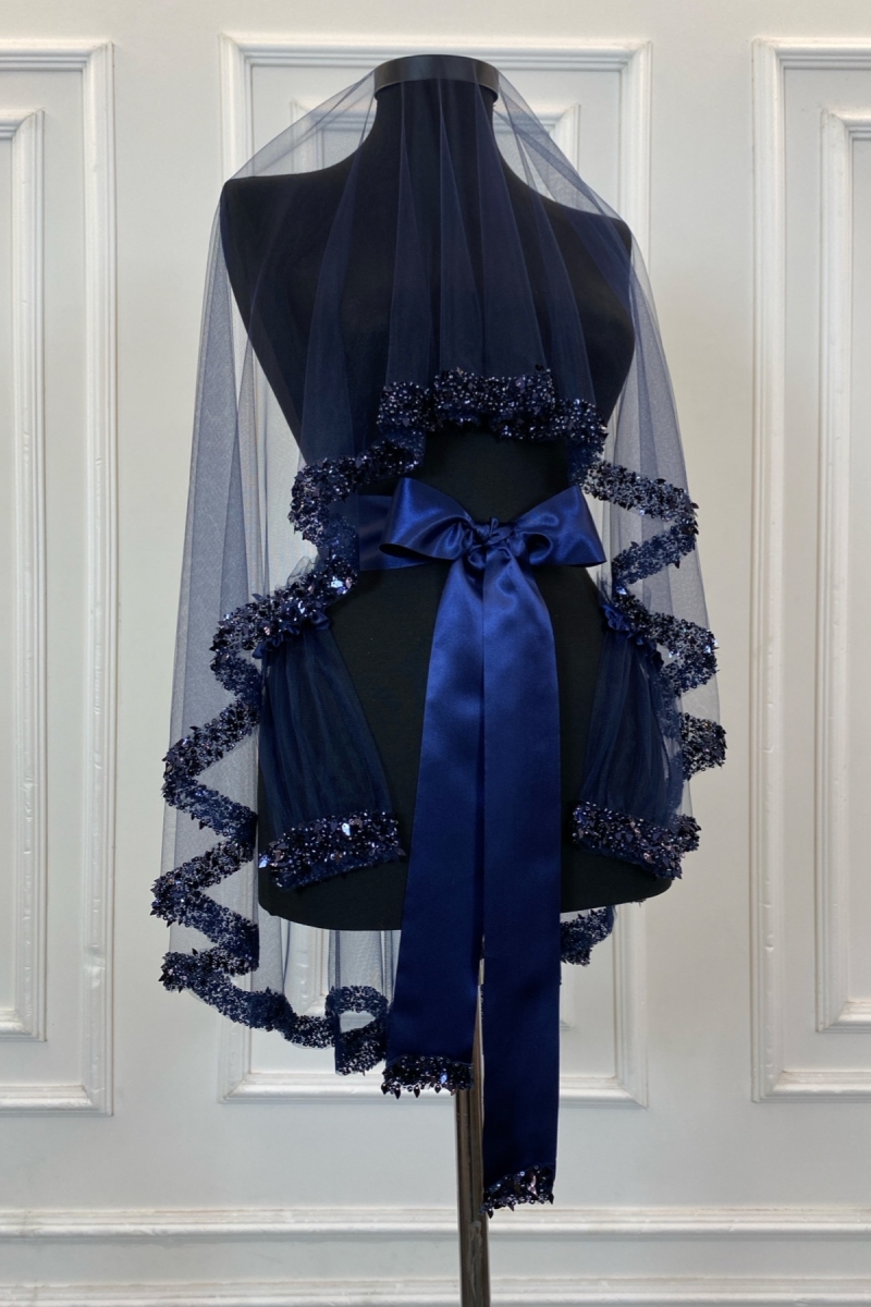 Lacivert Gelin Duvak Seti, Pullu Boncuklu İncili Su Taşlı Yaprak Desenli Kına Duvağı Seti 6 Parça