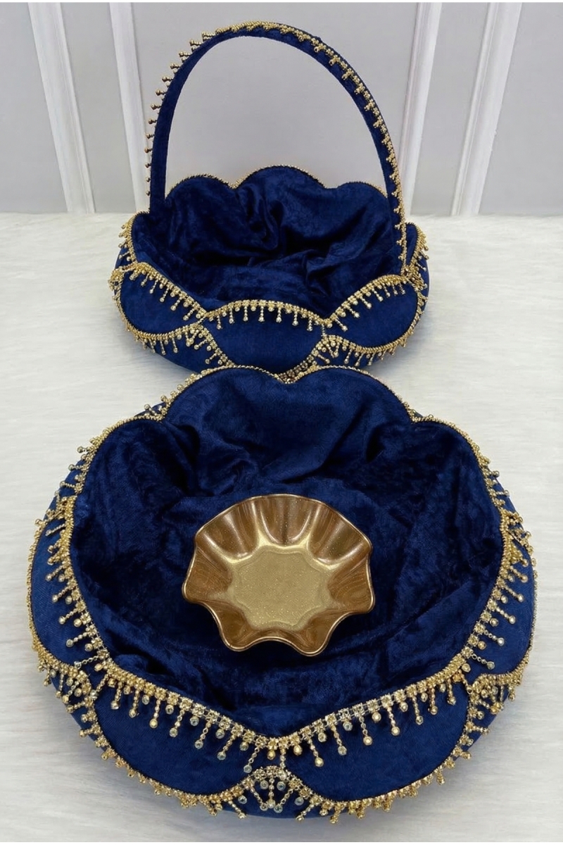 Lacivert Gelin Kına Gecesi Tepsi Sepet Takımı, Gold Parlak Taş Süslemeli, Nişan, Nikah, Düğün, Söz