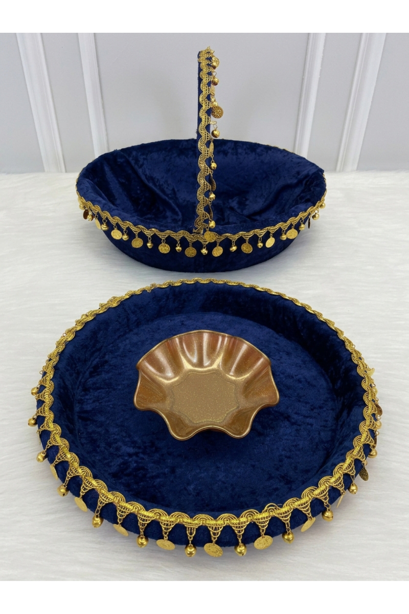 Lacivert Gelin Kına Gecesi Tepsi Ve Sepeti, Kadife, Gold Zilli Ve Pullu, Düğün, Sünnet, Nişan, Söz