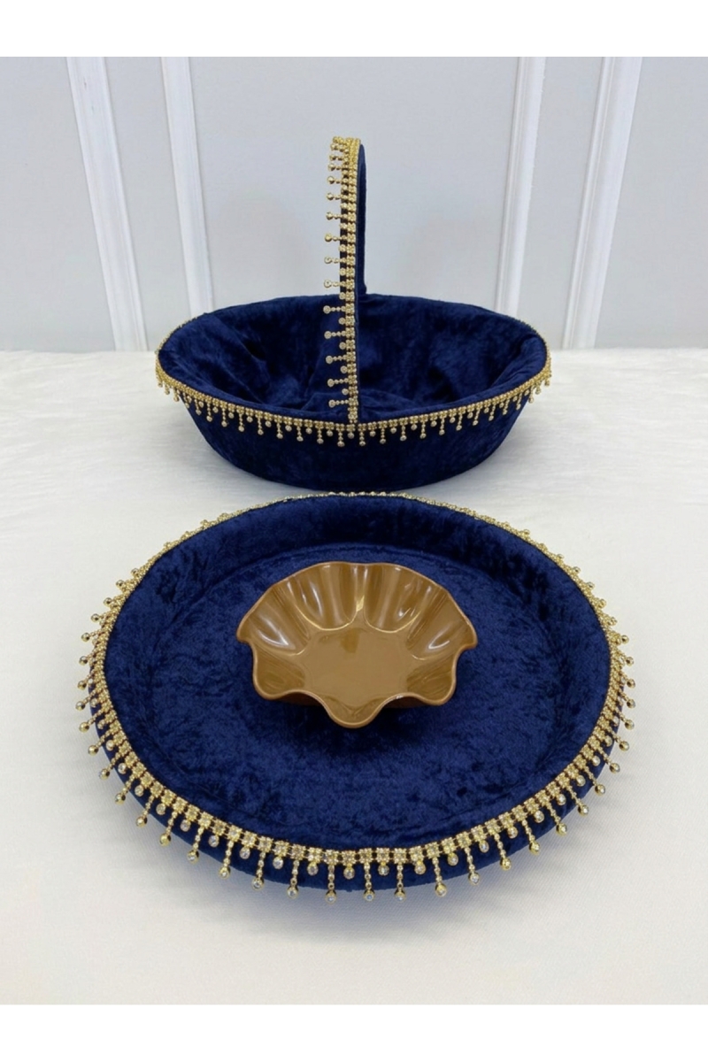 Lacivert Gelin Kına Gecesi Tepsi Ve Sepeti, Lüks Parlak Taşlı Kadife, Düğün, Sünnet, Nişan, Söz