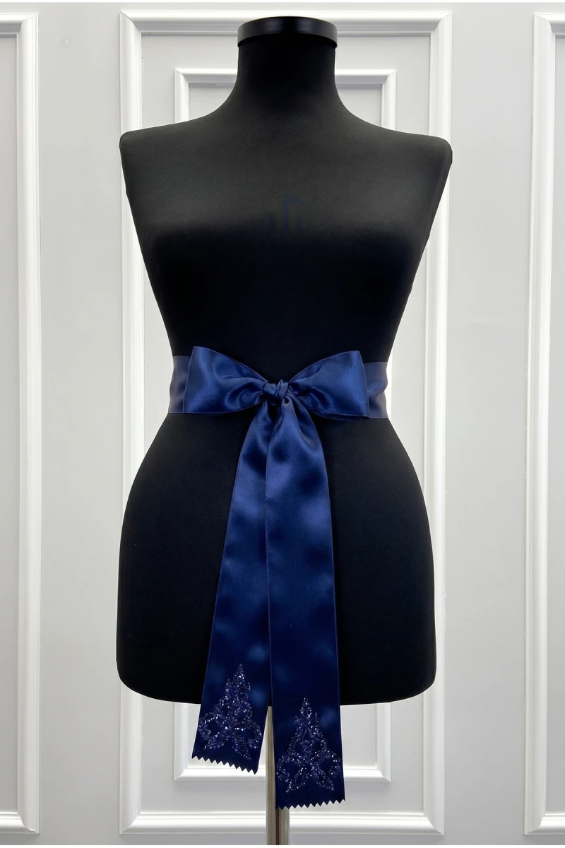 Lacivert Gelin Kuşağı, Kristal Cam Boncuk Süslemeli Gelin Kurdelesi, Gelin Beli Kemeri, Kardeş Kuşağı