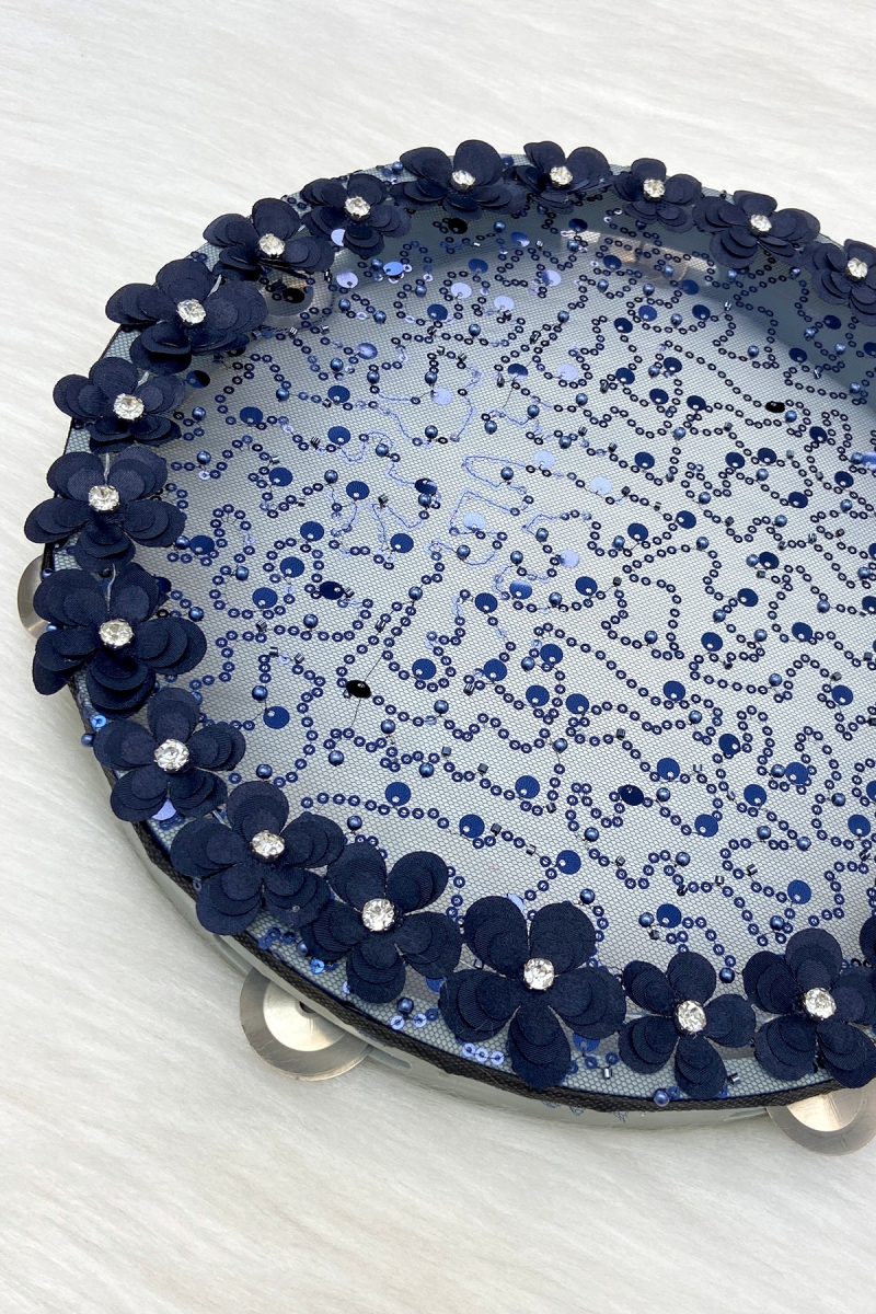 Lacivert Gelin Tefi 32cm Çiçek Pul Payet Parlak Taşlı Düğün Kına Nedime Bride Parti Defi