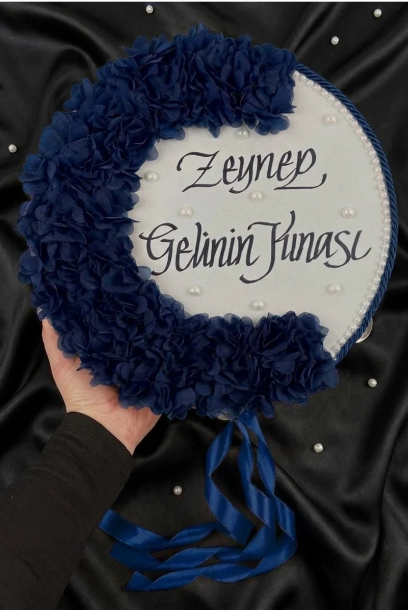 Lacivert Gelin Tefi, Kordonlu İncili Ve Lazer Çiçek Süslemeli 30cm, Düğün Sünnet Kına Gecesi Nedime Nikah Nişan Söz Bride Parti Tefi Gelin Damat Bekar