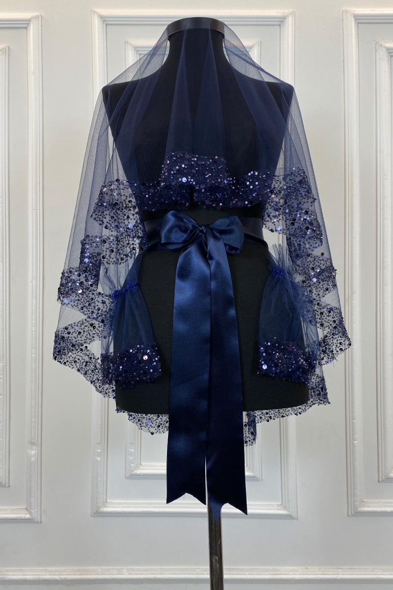 Lacivert Geniş Pullu Ve İncili Gelin Duvak Seti, Kına Gecesi Örtüsü 6 Parça