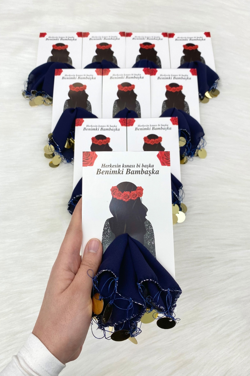 Lacivert Gold Şifon Kartlı Hediyelik Halay Mendili 1 Adet, Gelin Damat Düğün Kına Sünnet Nişan Bride