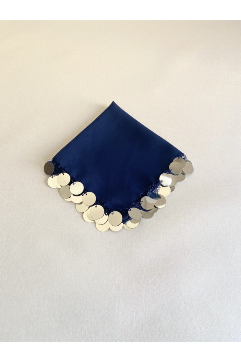 Lacivert Gümüş Lüks Şifon Halay Mendili 1 Adet