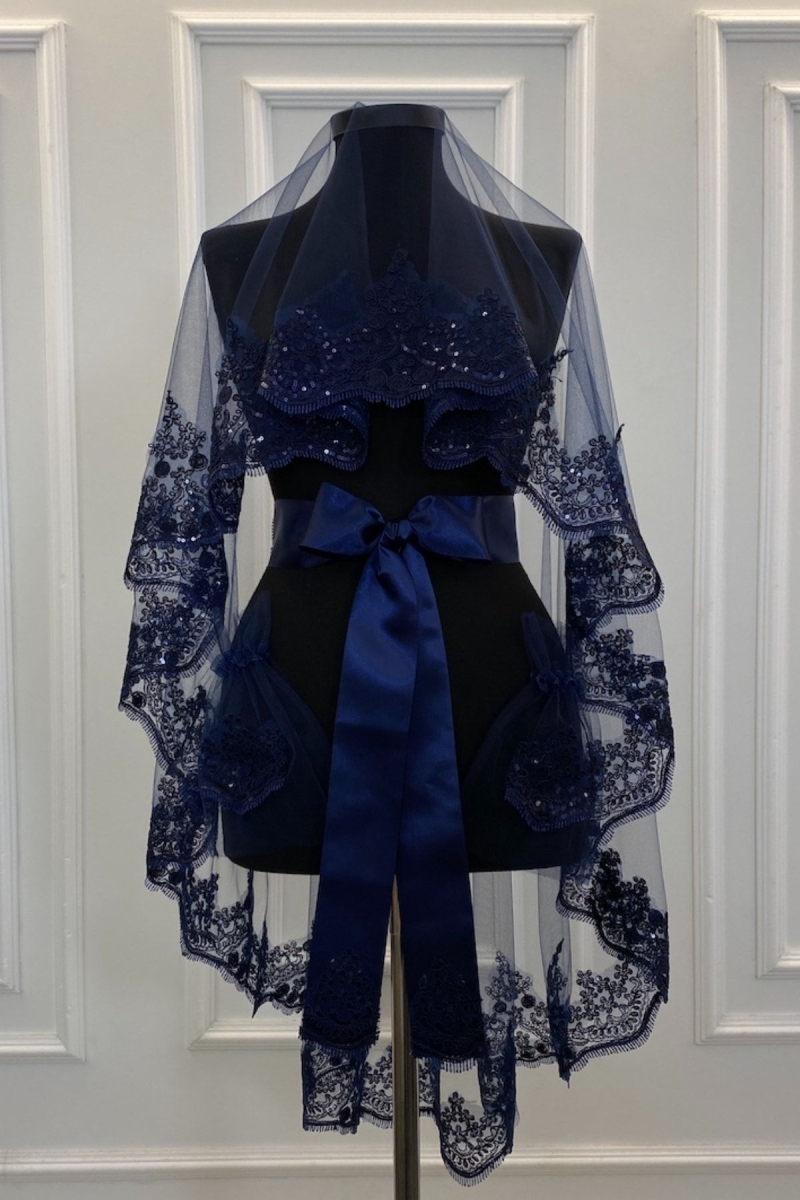 Lacivert Işıl Işıl Güpürlü Kına Duvak Seti, Gelin Duvağı Seti