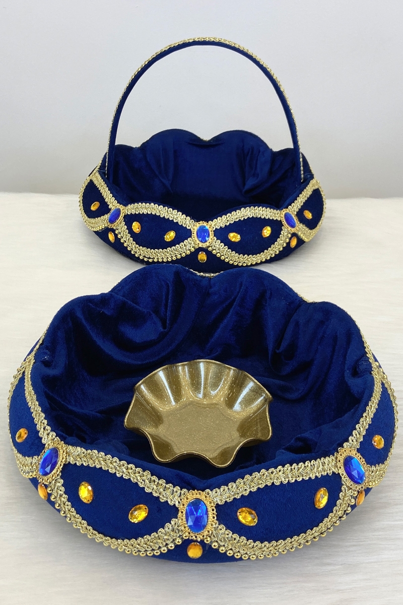 Lacivert Kadife Parlak Taş Süslemeli Kına Gecesi Tepsi Sepet Gelin Takımı, Nişan, Nikah, Düğün, Söz