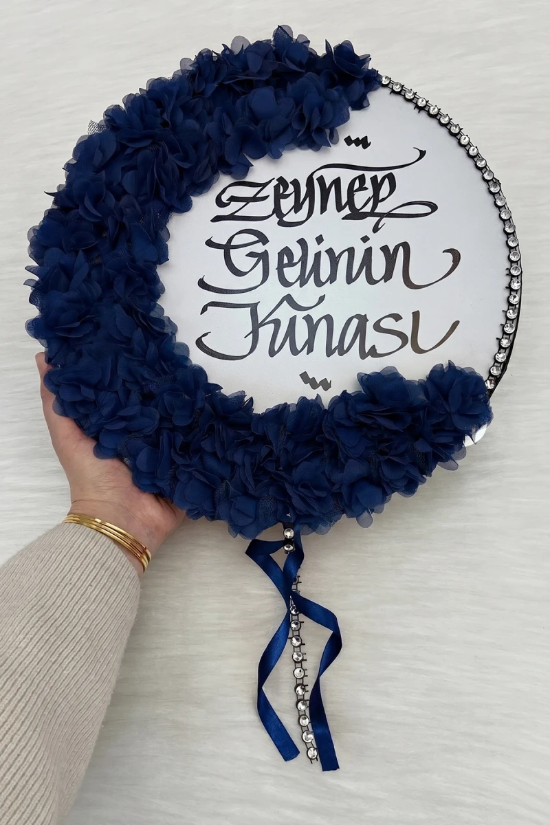 Lacivert Kaligrafi Gelin Tefi 32cm, Parlak Taş Ve 3d Çiçek Süslemeli, Düğün Kına Sünnet Nedime Bride Parti Defi