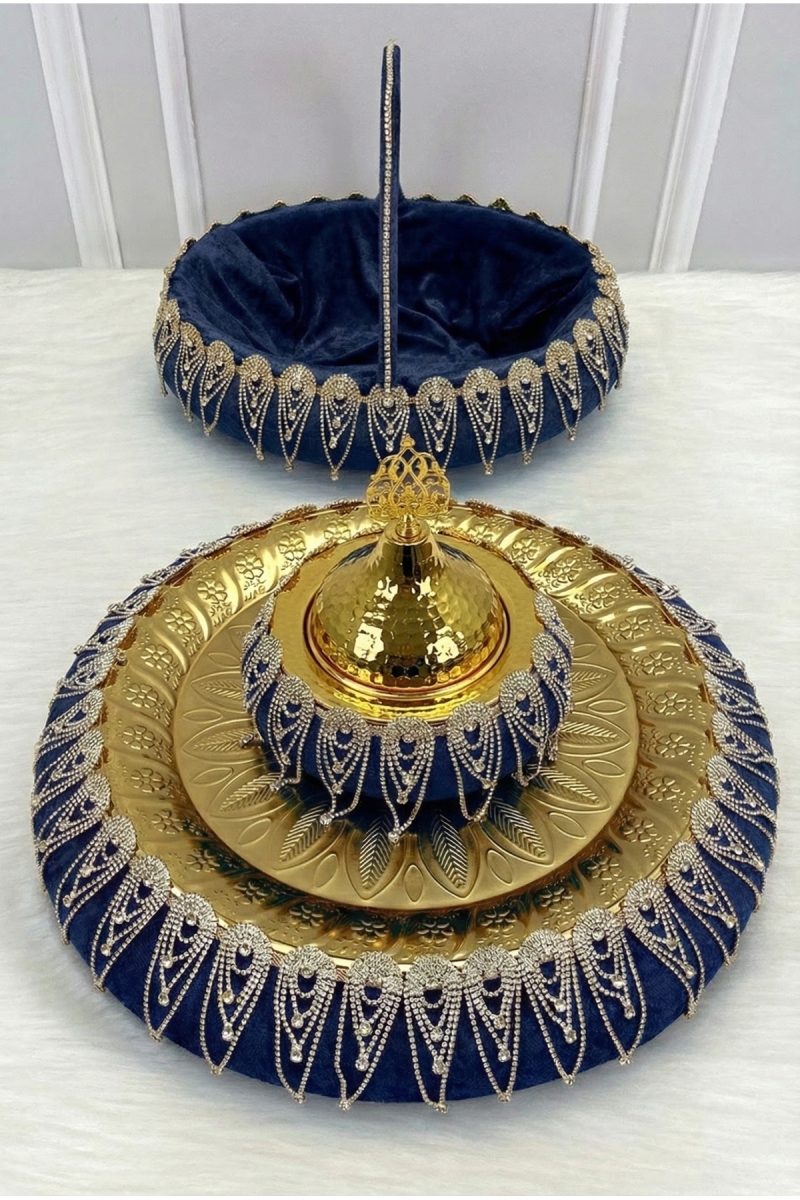 Lacivert Kına Gecesi Tepsi Sepet Gelin Takımı, Lüks Kadife Parlak Taşlı, Nişan Nikah Düğün Sünnet