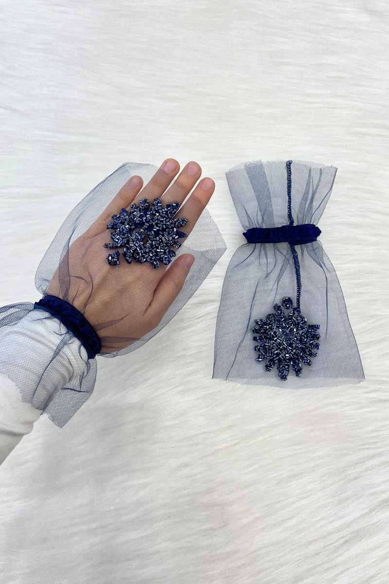 Lacivert Kristal Cam Boncuk Gelin Eldiveni, Düğün Kına Gecesi Bekarlığa Veda Nikah Bride Söz