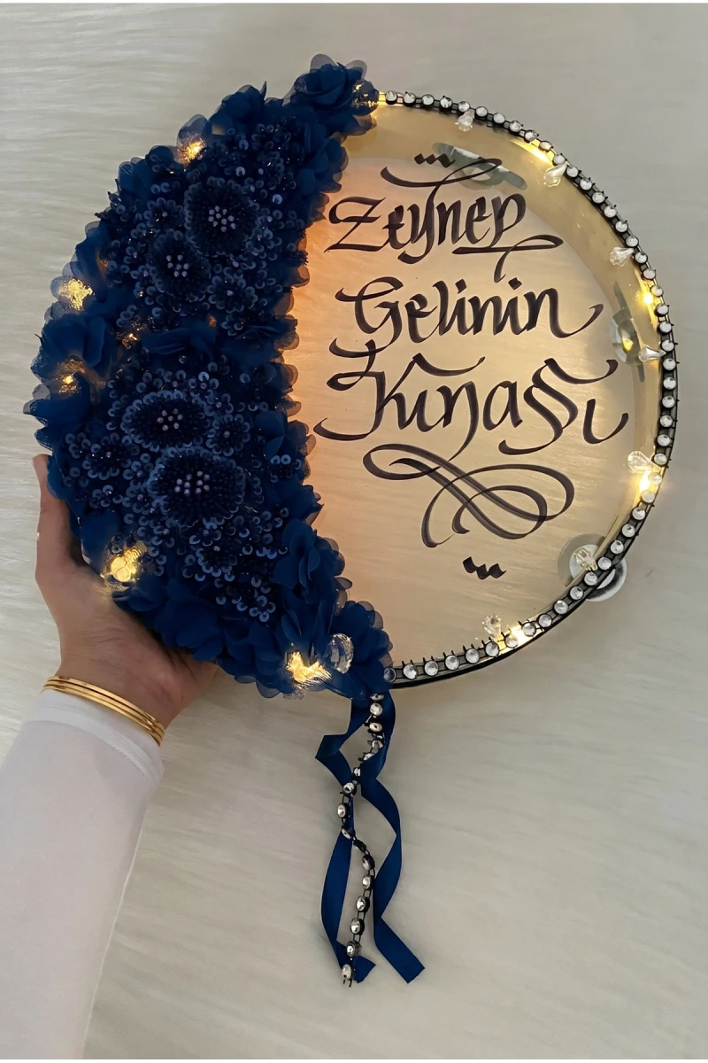 Lacivert Ledli Gelin Tefi 32cm, Aplik Çiçek Ve Parlak Taş Süslemeli Def, Düğün Kına Gecesi Nedime Bride Sünnet