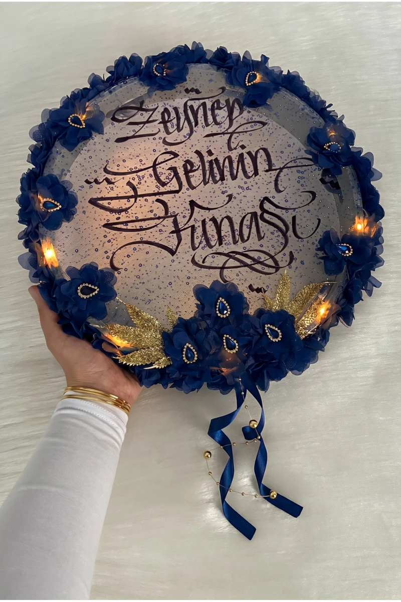 Lacivert Ledli Gelin Tefi 32cm, Üç Boyutlu Çiçek Ve Parlak Taş Süslemeli Def, Düğün Kına Gecesi Nedime Bride Sünnet