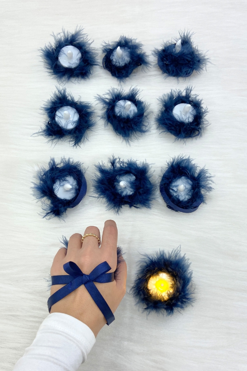 Lacivert Ledli Kına El Mumu, Düğün, Nedime, Bride, Sünnet, Led Işıklı, Tealight Pilli Tüylü 12 Adet