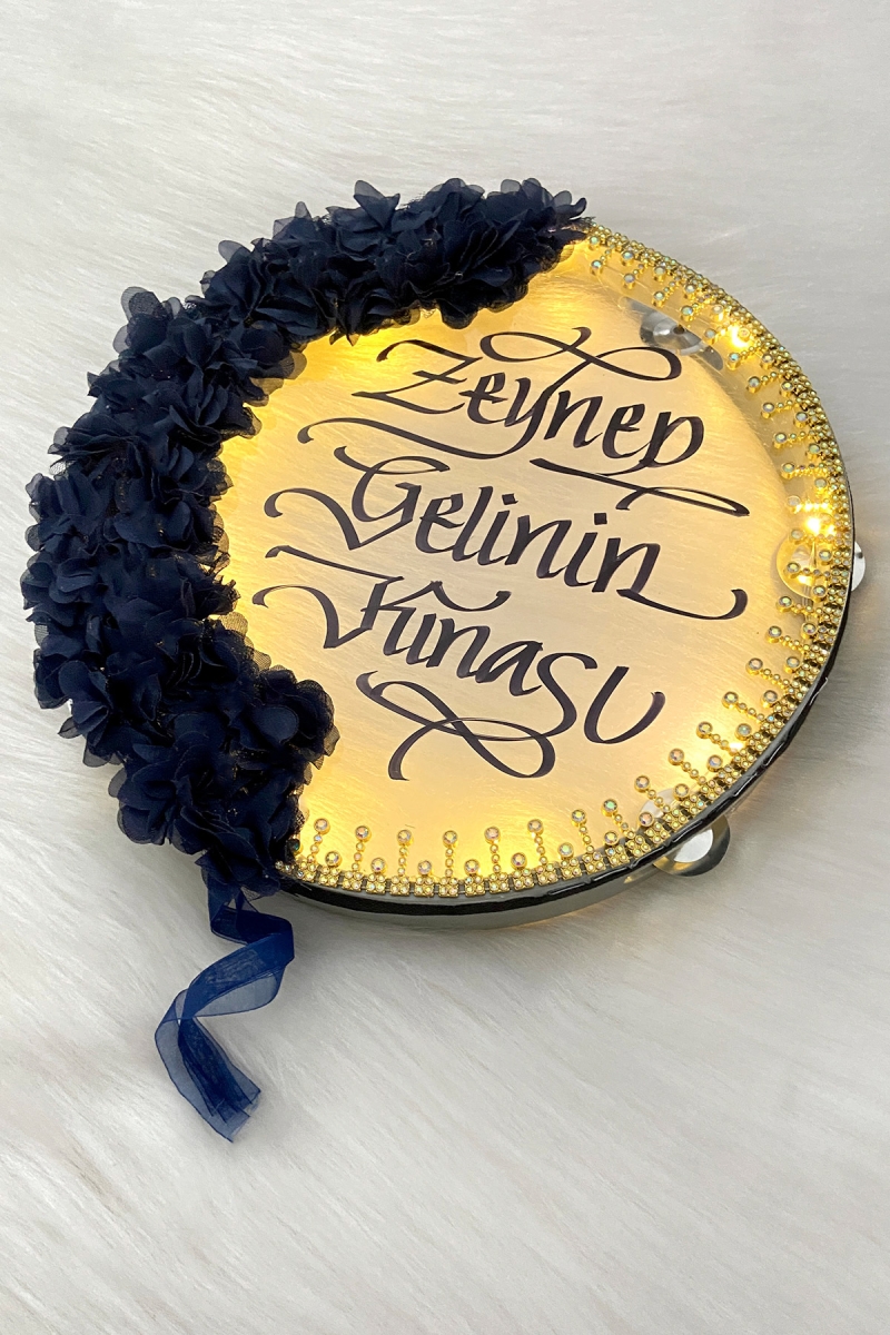 Lacivert Ledli Şeffaf Gelin Tefi 32cm 3d Çiçek Parlak Taşlı Düğün Kına Nedime Bride Parti Defi