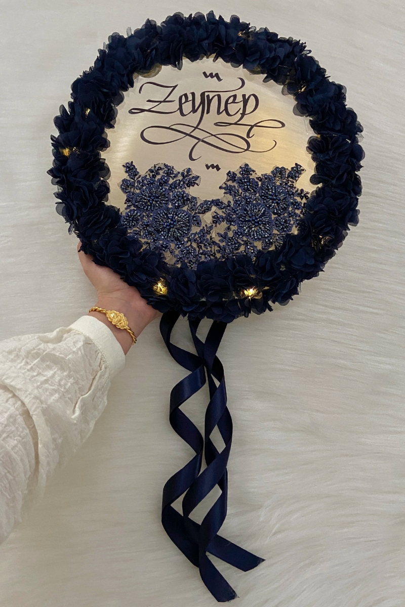 Lacivert Ledli Şeffaf Kaligrafi Gelin Tefi 32cm Vip Güpür Ve Çiçek Düğün Kına Nedime Bride Parti