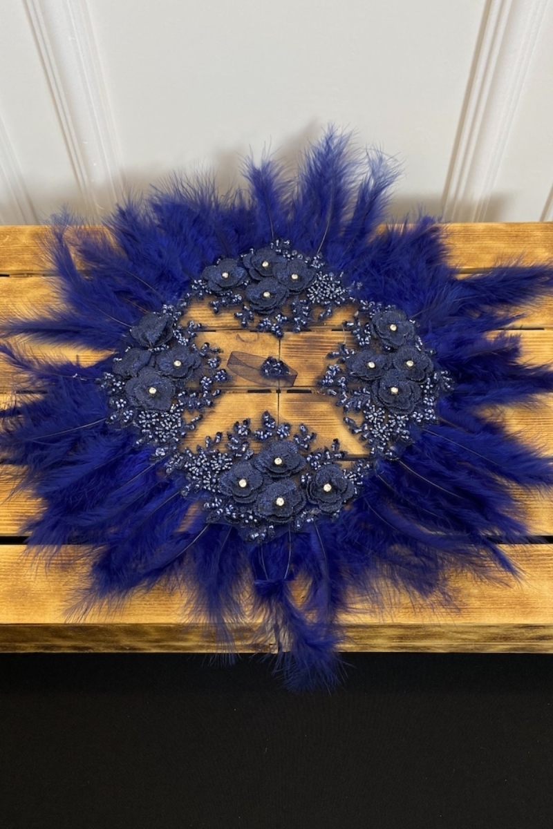 Lacivert Lüks Gelin Mendili, Boncuk Inci Taş Ve Pul Detaylı Kat Kat Çiçek Güpürlü